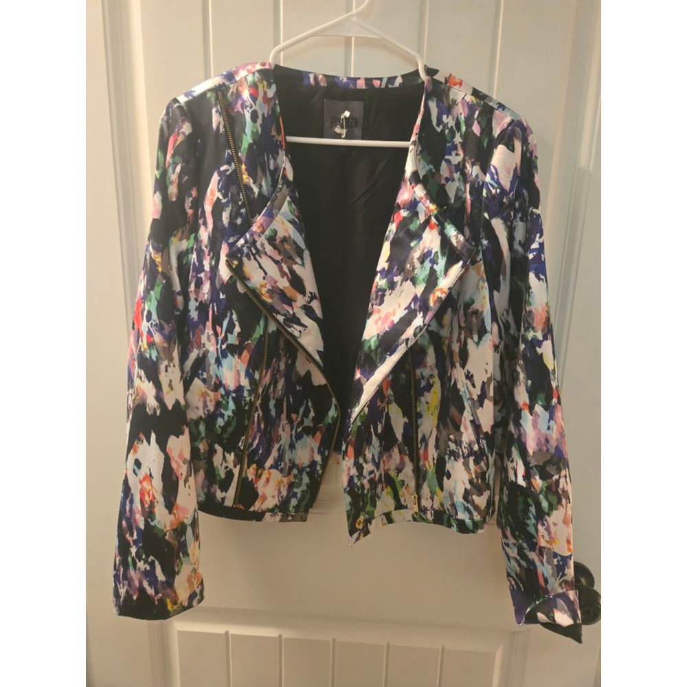 Abstract Floral Cropped Moto Jacket - Multicolor